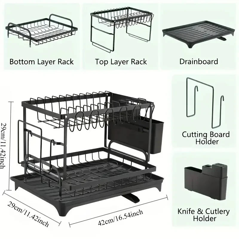 2-Tier Detachable Dish Drying Rack with Drainboard