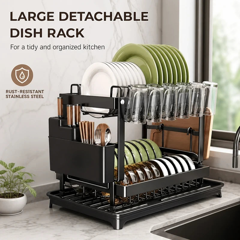 2-Tier Detachable Dish Drying Rack with Drainboard