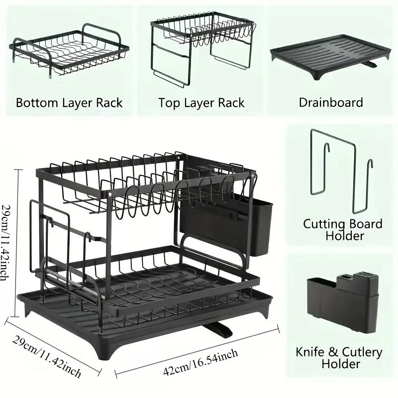 2-Tier Detachable Dish Drying Rack with Drainboard